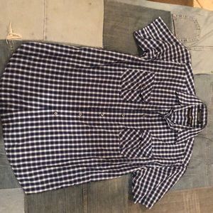 Small blue, white and black plaid casual short sleeve button down